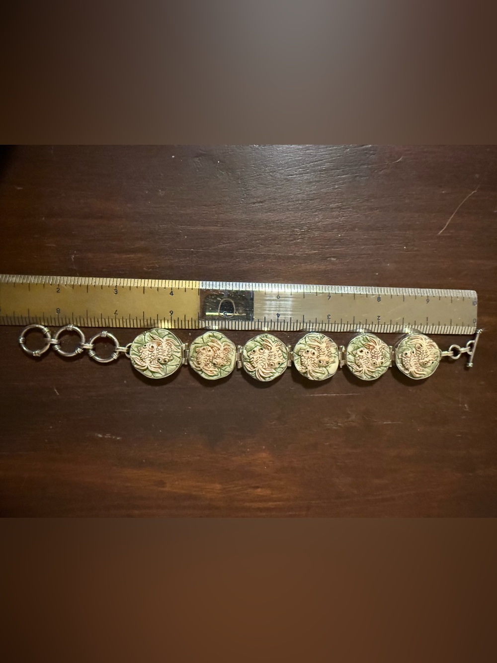 Rare! Charles Albert Green and Cream Fish Motif Sterling Silver Bracelet - Picture 6 of 9